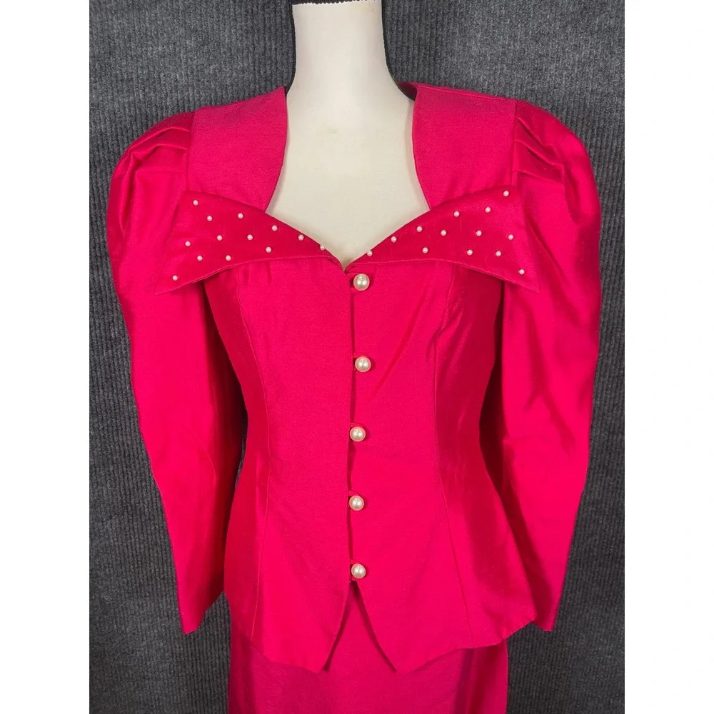 Vintage 80s Hot Pink Maxi Skirt Suit Set S/M Hot Pink Pearl Puff Sleeve USA Glam